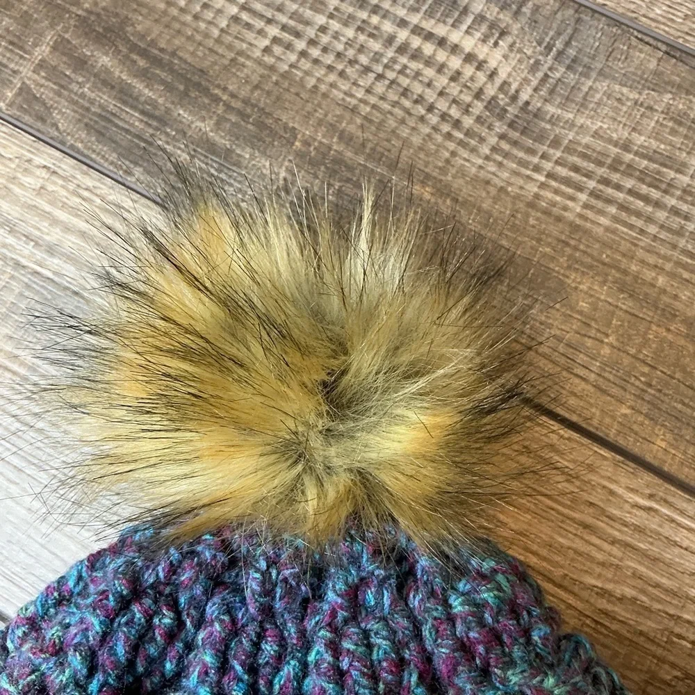 Cable Knit Crochet Beanie Hat Handcrafted With Faux Fur Pom Handmade Purple Blue
